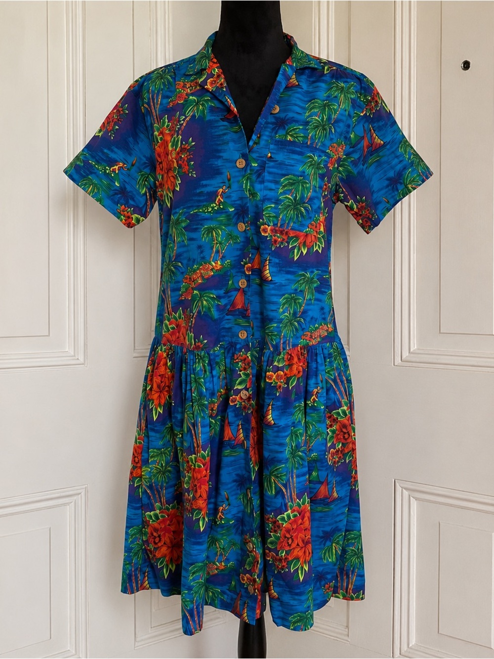 Vtg Early 90s Gap Blue Hawaiian Drop Waist Shirt Dress - Size XL